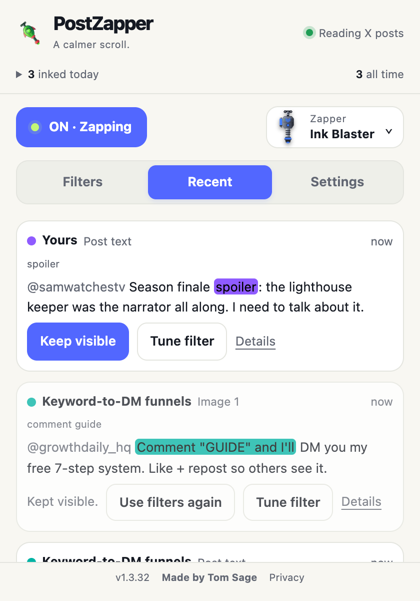 The PostZapper menu, Recent tab, listing a post covered by Your filters for “spoiler” and a Scroll-stoppers post, each with Keep visible and Tune filter buttons.