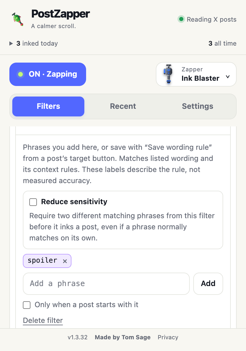 The PostZapper menu, Filters tab, showing Your filters with the saved phrase “spoiler” and an Add a phrase field.